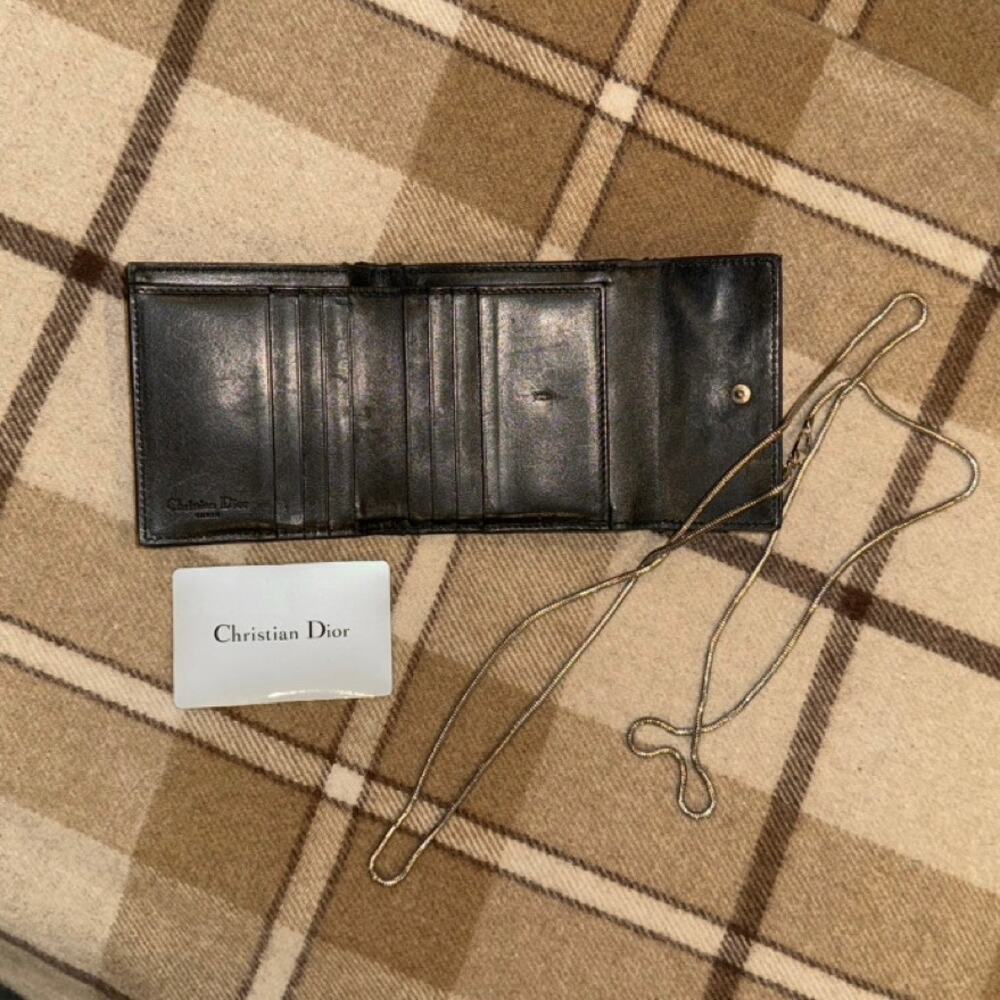 CHRISTIAN DIOR Cannage Wallet & silver Logo Charm Black Leather FREE CHAIN - Picture 13 of 15